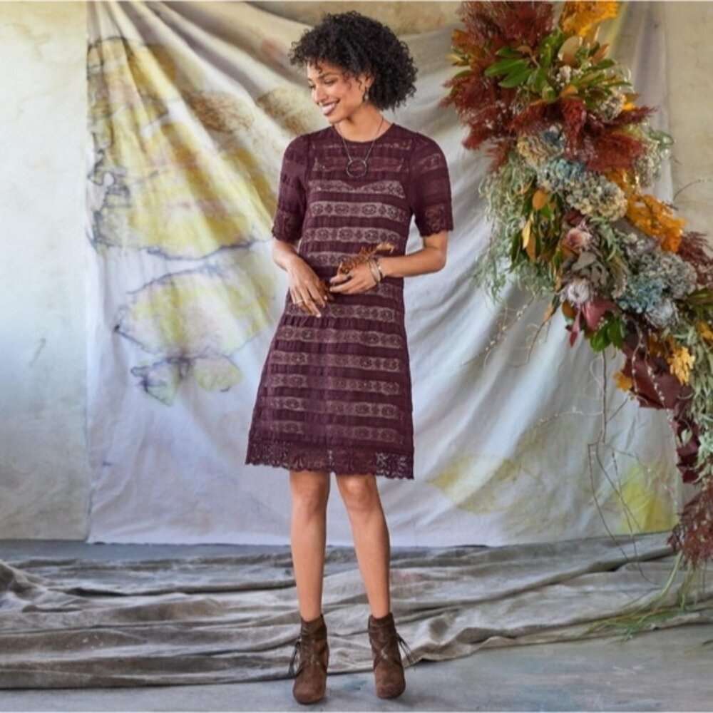 Sundance Sheer Lace Overlay Burgundy Cottagecore Boho Dress 12